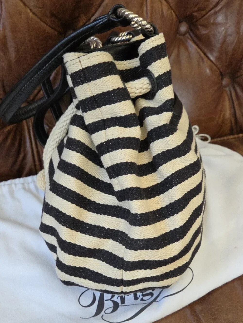 Brighton Black and Cream Striped Drawstring Shoulder Bag with Charm